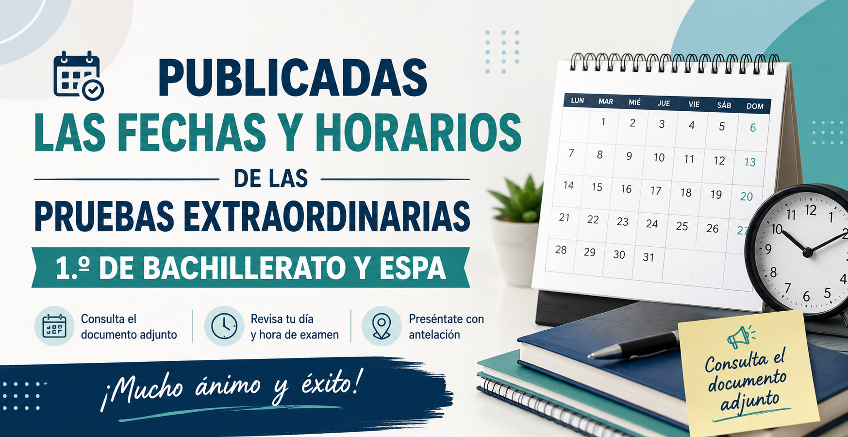 Fechas y horarios de las pruebas extraordinarias de 1.º de Bachillerato y ESPA